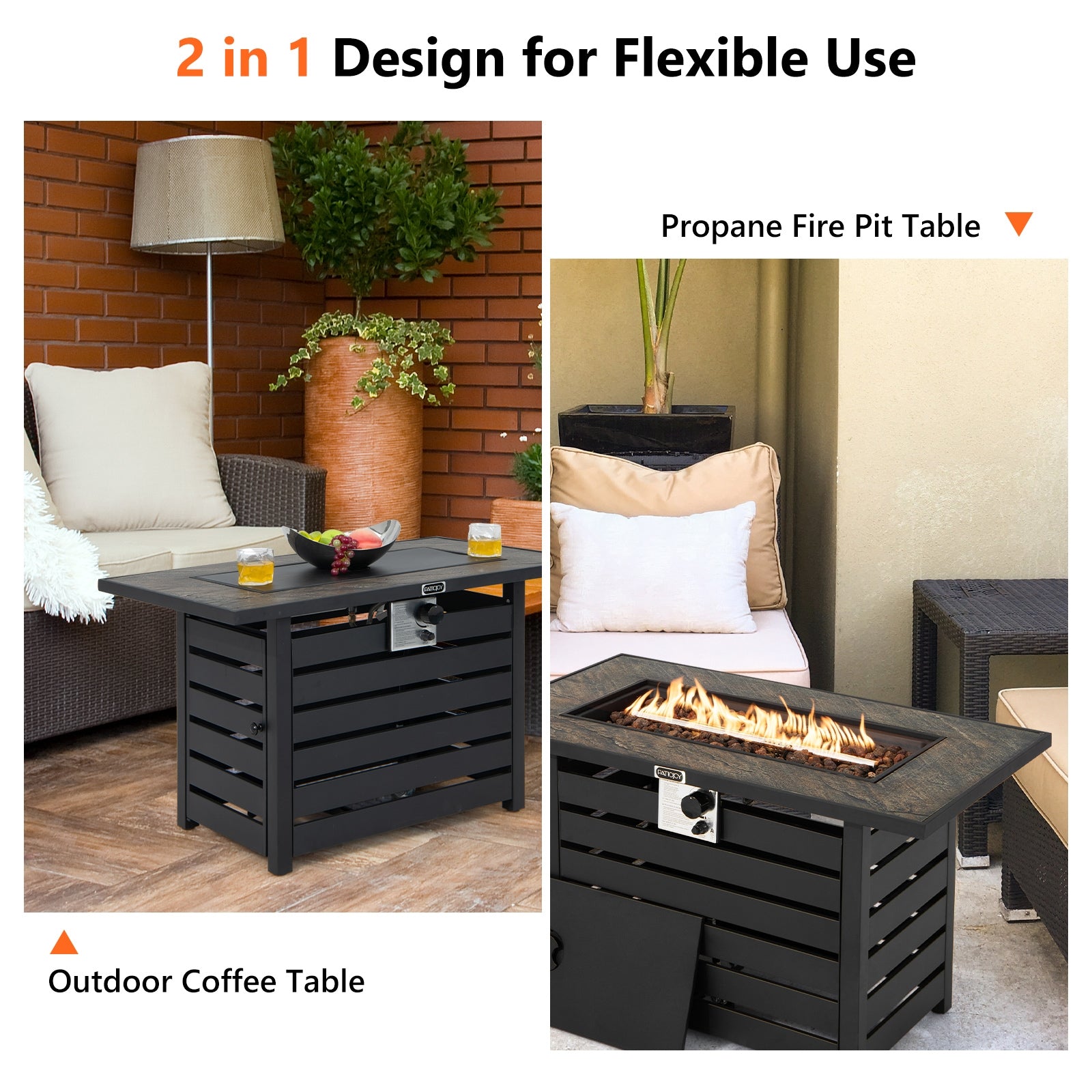 Versatile 42-Inch Propane Fire Pit Table by Dream Yard Oasis™, showcasing its 2-in-1 design as both a stylish coffee table and a functional fire pit.