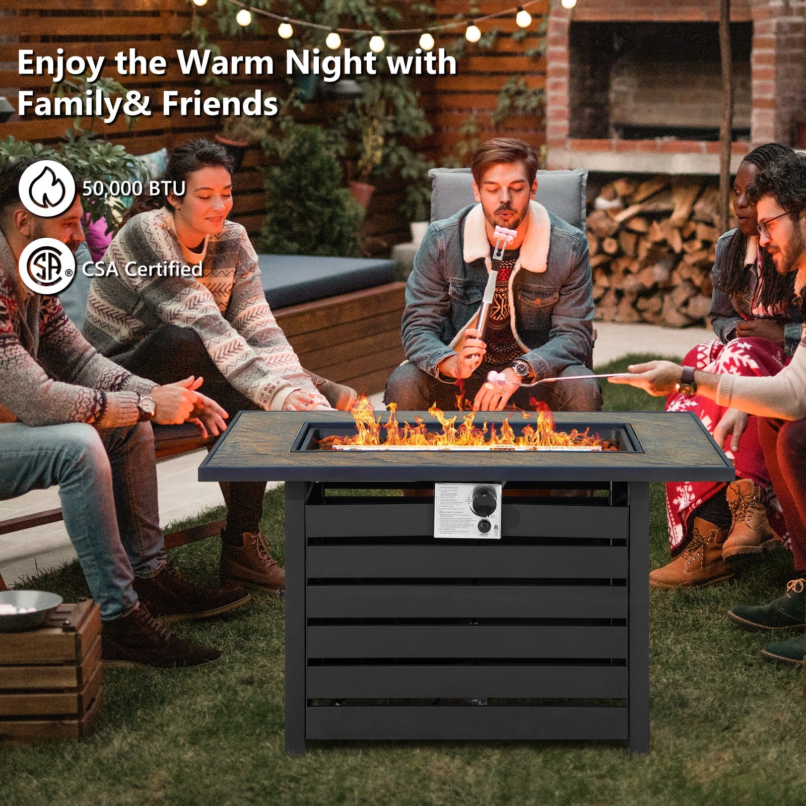Group of friends enjoying a cozy evening around the Dream Yard Oasis™ 42-Inch Propane Fire Pit Table, featuring a 50,000 BTU heat output.