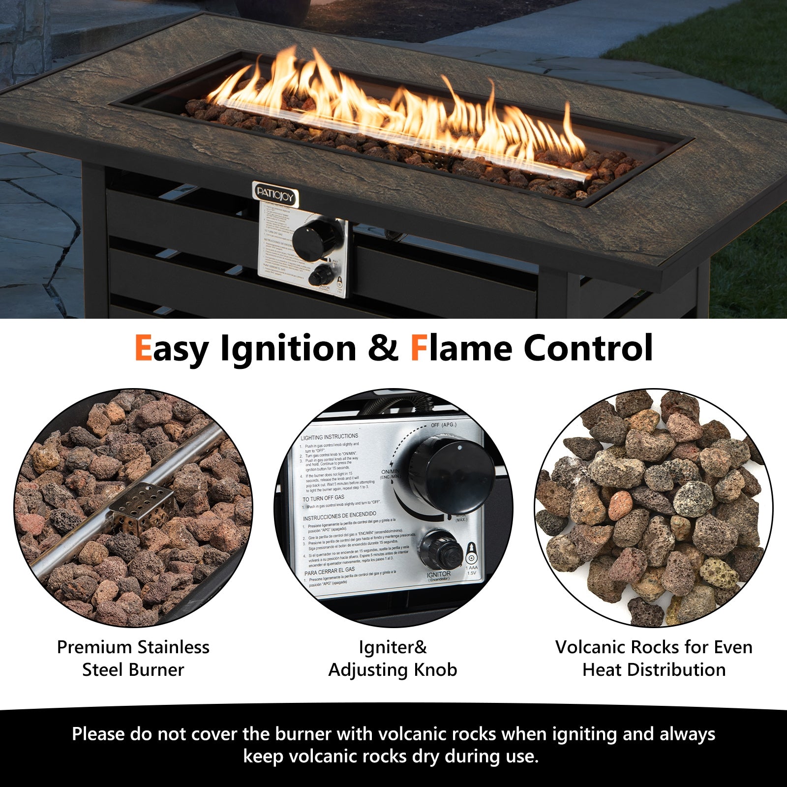 Close-up of the Dream Yard Oasis™ 42-Inch Propane Fire Pit Table showing easy ignition system, flame control knob, and lava rocks for even heat distribution.