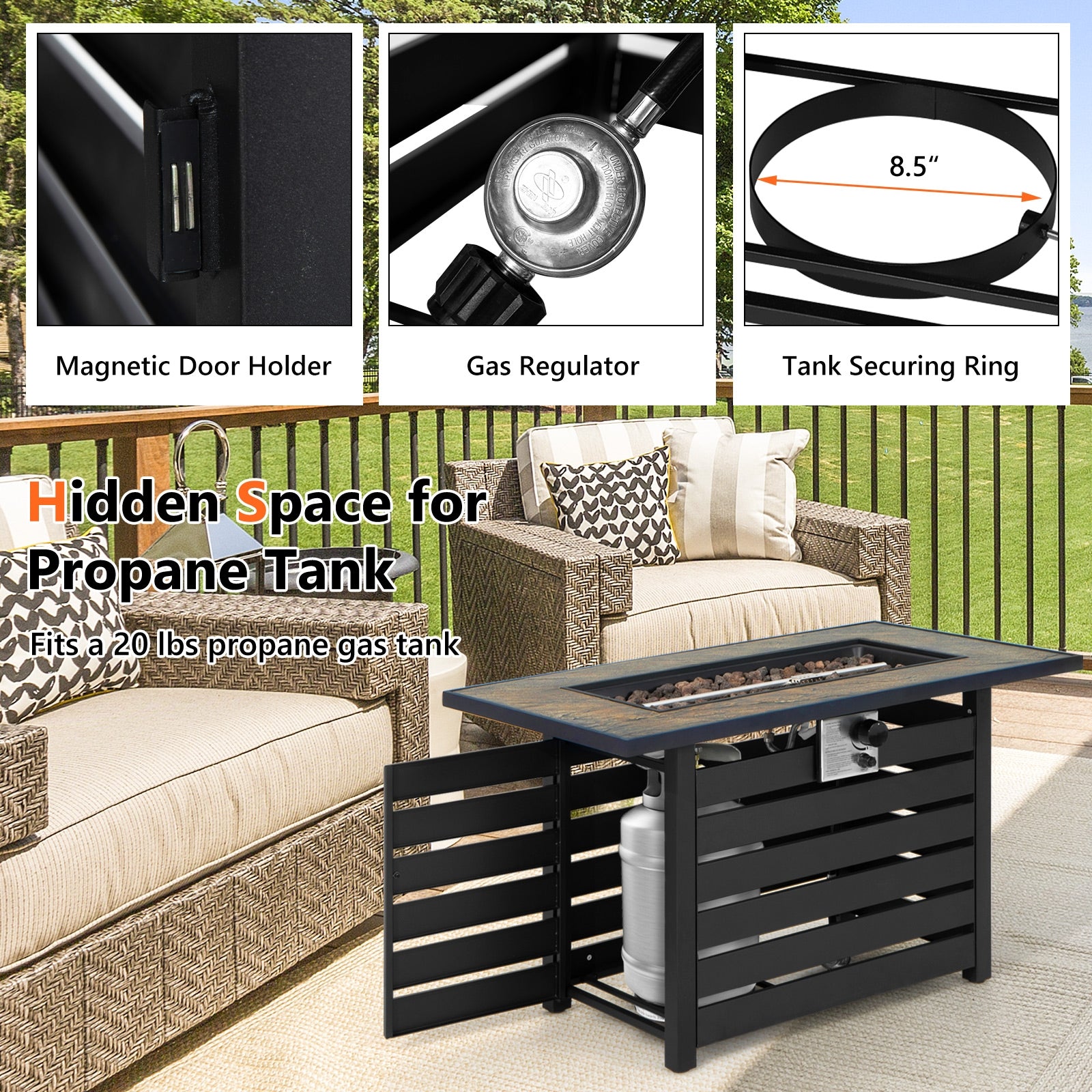 Hidden storage for a propane tank in the Dream Yard Oasis™ 42-Inch Propane Fire Pit Table, featuring a gas regulator and magnetic door holder.