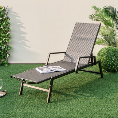 Brown Outdoor Rattan Chaise Lounge Chair with 5-Position Backrest and Armrests shown in a garden setting, featuring a stylish design and durability.