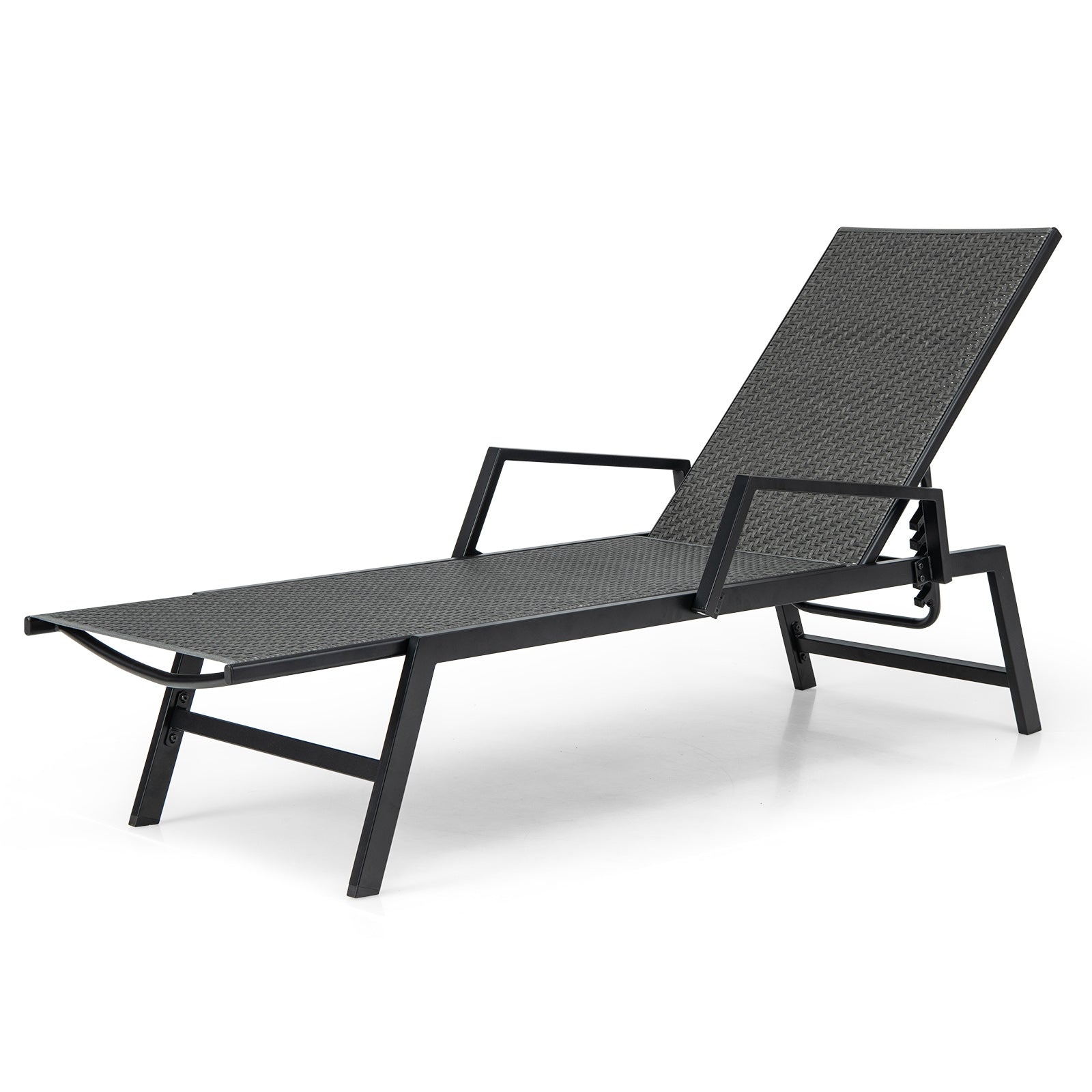 Detail shot of the Brown Outdoor Rattan Chaise Lounge Chair with 5-Position Backrest and Armrests, showcasing its sturdy metal frame and modern design.