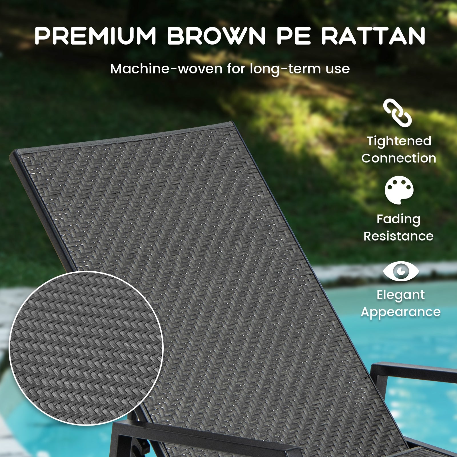 Close-up of the Brown Outdoor Rattan Chaise Lounge Chair showcasing premium machine-woven PE rattan with a detailed texture, emphasizing durability and elegance.