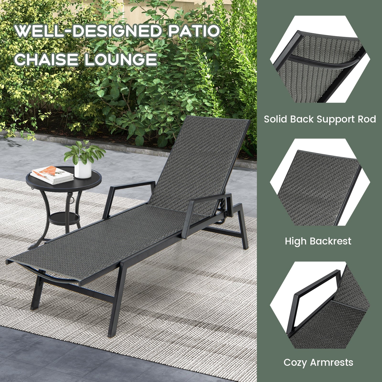 The Brown Outdoor Rattan Chaise Lounge Chair set in a garden, featuring a well-designed structure with cozy armrests, high backrest, and solid back support rod, ideal for outdoor relaxation.