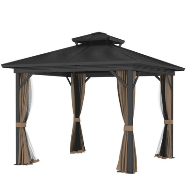Outsunny 10' X 10' Hardtop Gazebo showcasing its sturdy galvanized steel frame and double tier roof, featuring elegant brown zippered curtains.