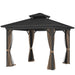 Outsunny 10' X 10' Hardtop Gazebo showcasing its sturdy galvanized steel frame and double tier roof, featuring elegant brown zippered curtains.