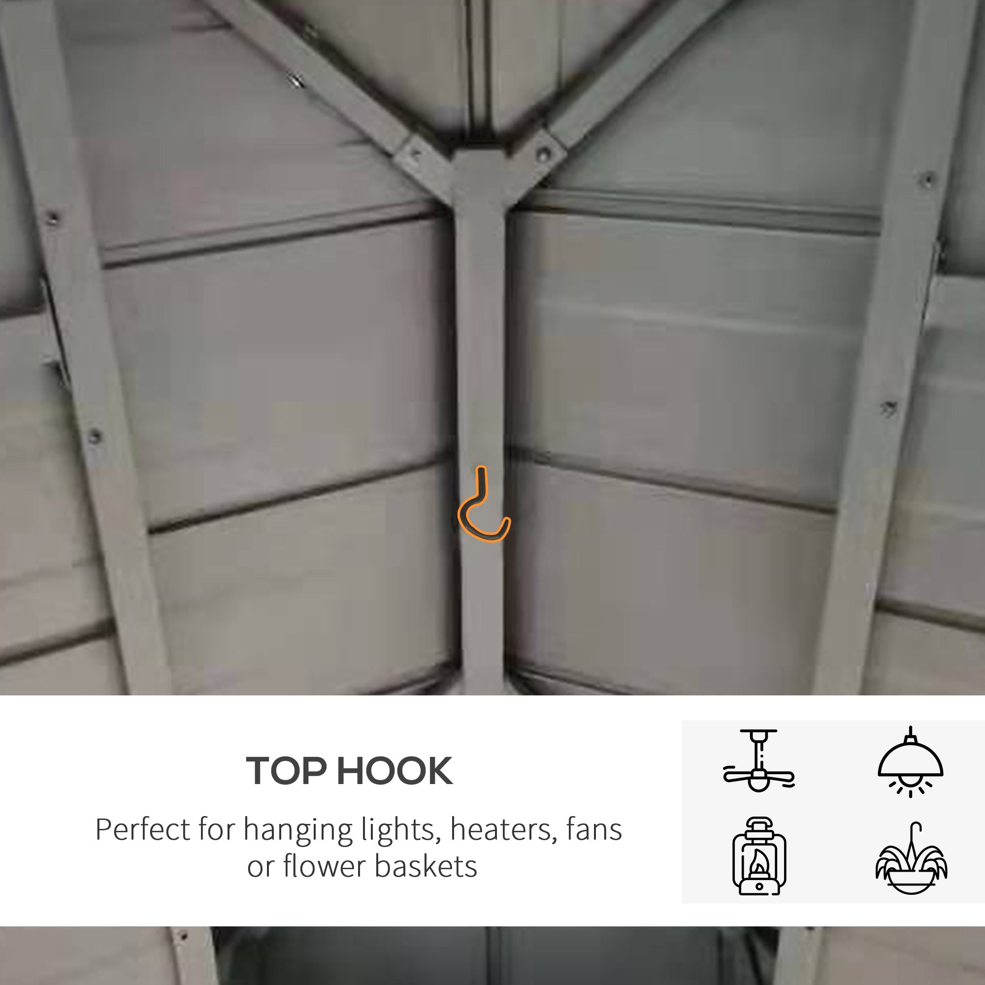 Close-up of the top hook in the Outsunny 11' x 11' Wood Frame Hardtop Gazebo, ideal for hanging lights, heaters, fans, or flower baskets.