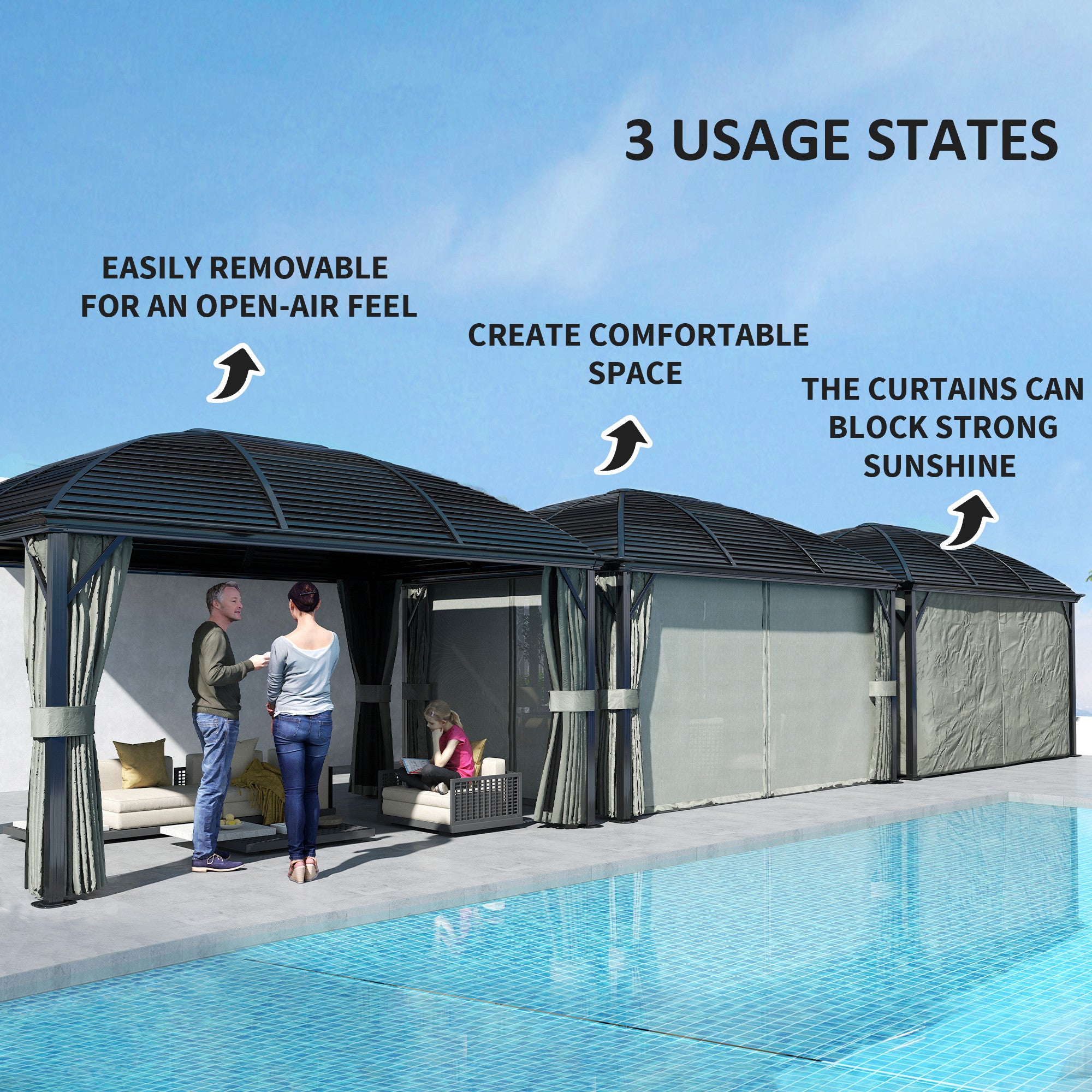 Outsunny 10' x 13' Aluminum Hardtop Gazebo demonstrating three usage states: open-air, comfortable enclosed space, and sun-blocking curtain functionality.
