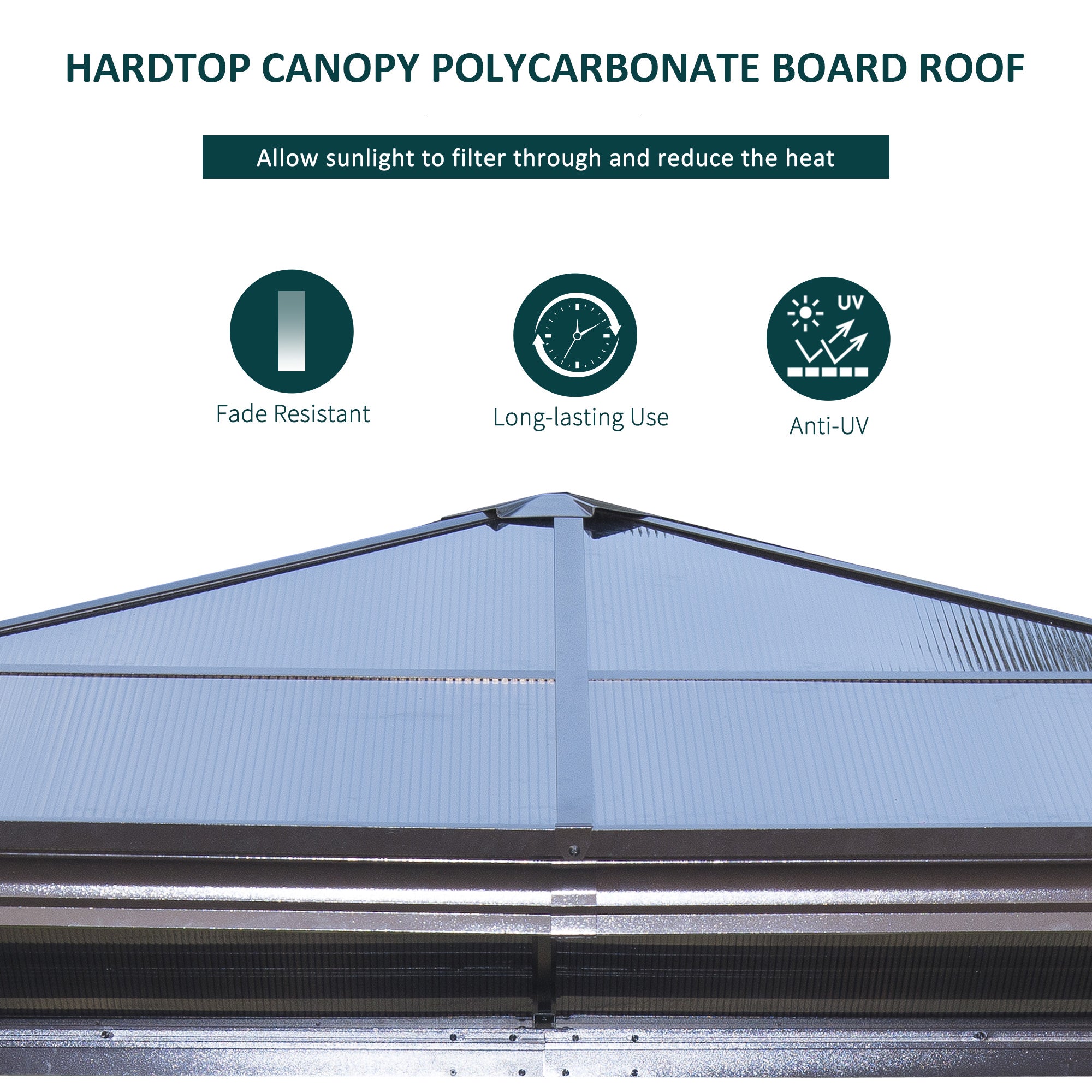 Outsunny 10X10 Ft Hard Top Gazebo Canopy showcasing its durable polycarbonate roof, which allows sunlight to filter while blocking UV rays, enhancing outdoor comfort.