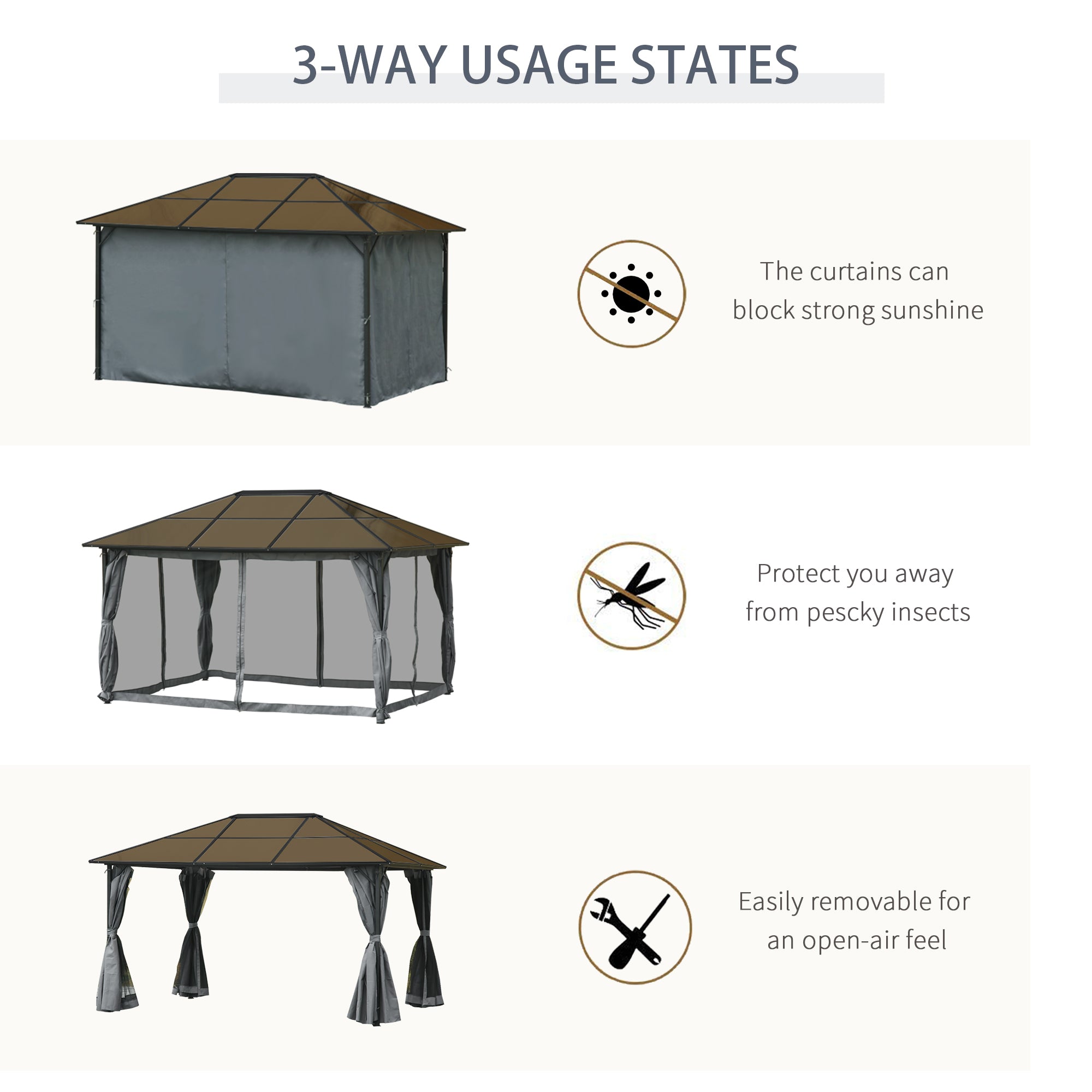 Outsunny 13' x 10' Aluminum Hardtop Gazebo with Canopy, Netting & Curtains in Grey showcasing 3-way usage states for blocking sunlight, protecting from insects, and open-air options.