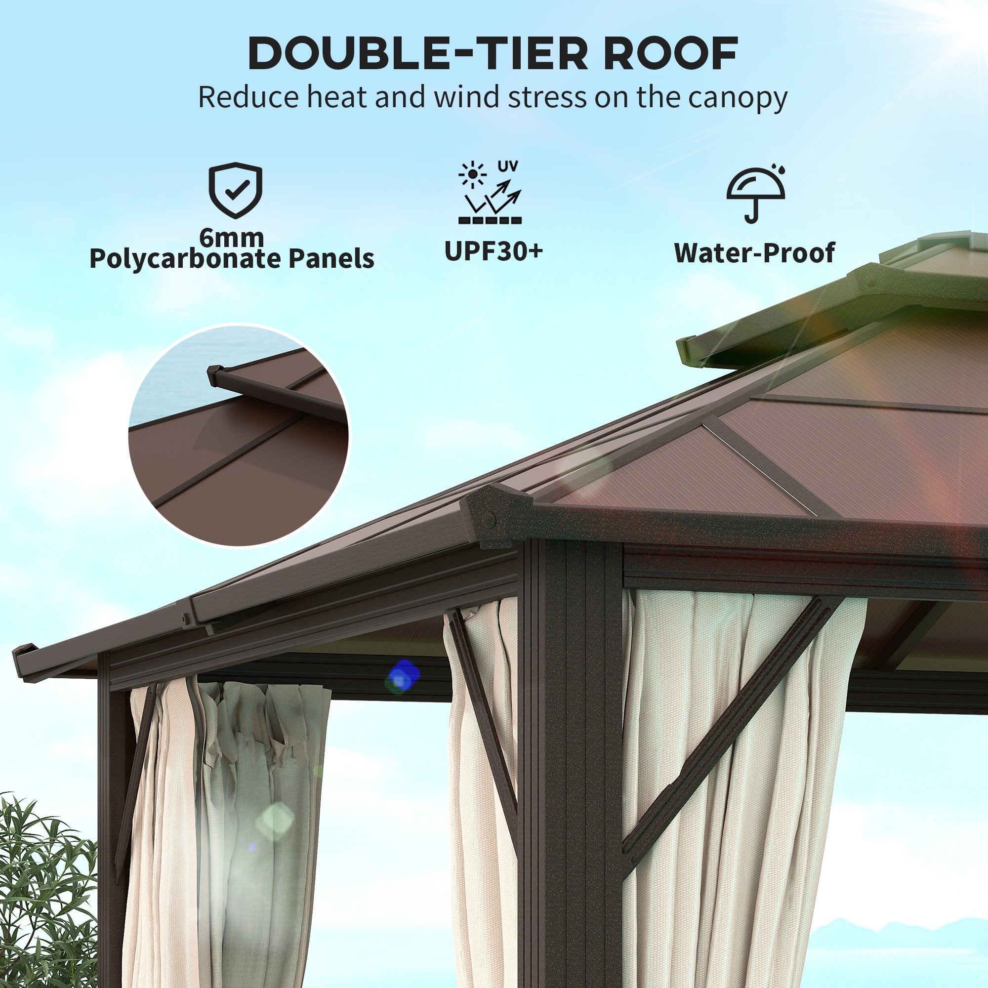 Close-up of the double-tier roof on the Outsunny 10' x 13' Hardtop Gazebo Canopy, highlighting its UPF30+ protection and waterproof polycarbonate panels.