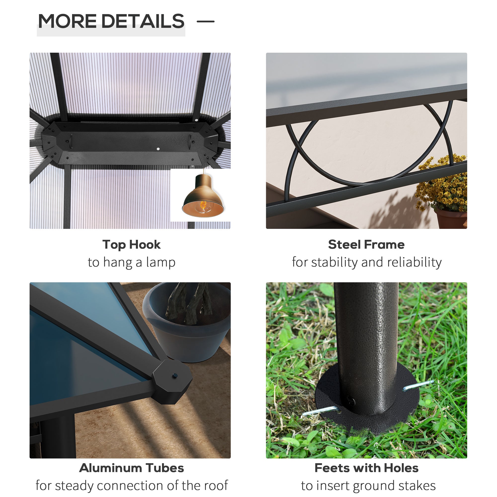 Detailed features of Outsunny 10' x 10' Hardtop Gazebo, including a steel frame for stability, aluminum tubes, and a top hook for hanging lights.