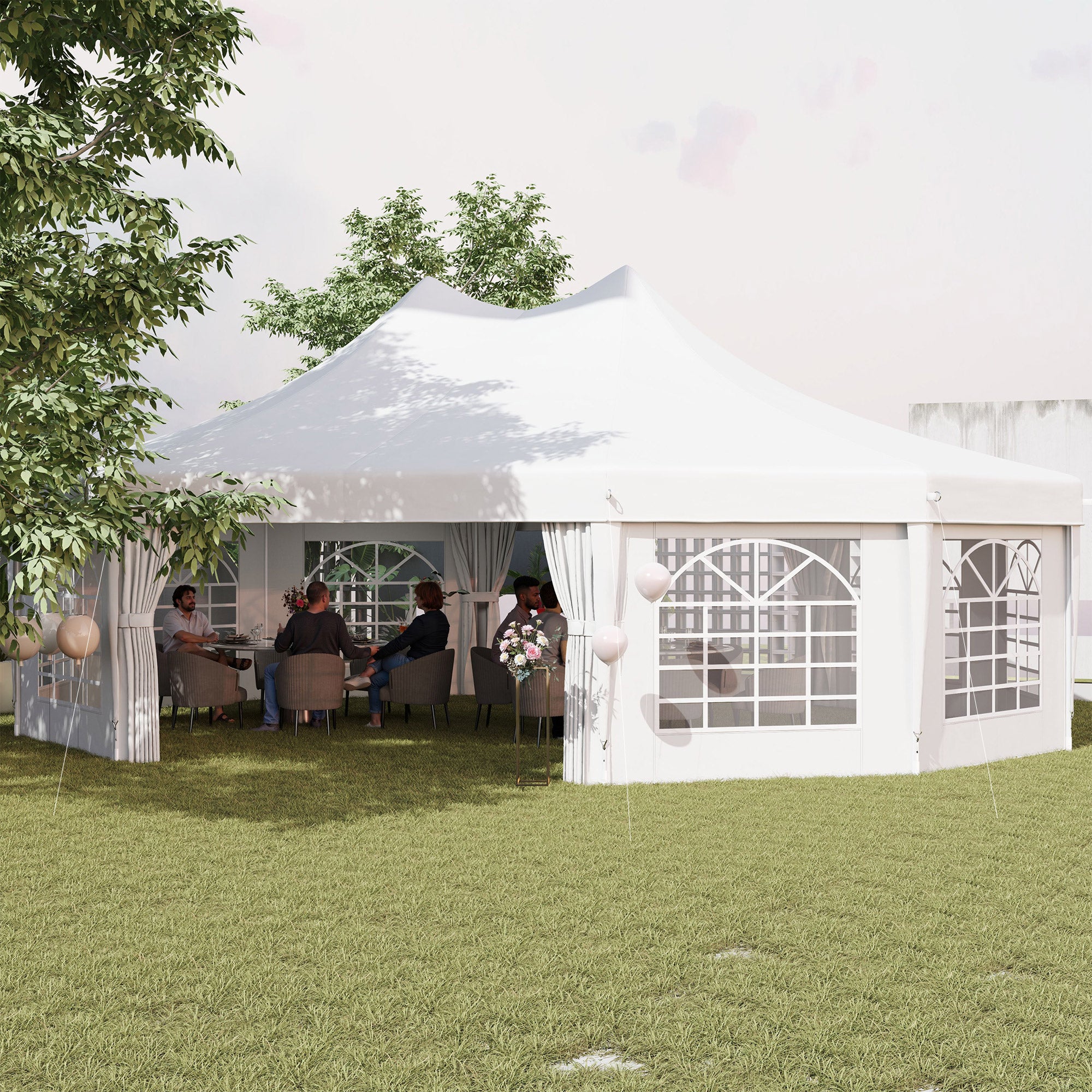 Guests enjoying an event inside the High Peak Decagonal Party Tent by Dream Yard Oasis™, featuring ample space and inviting design for gatherings.