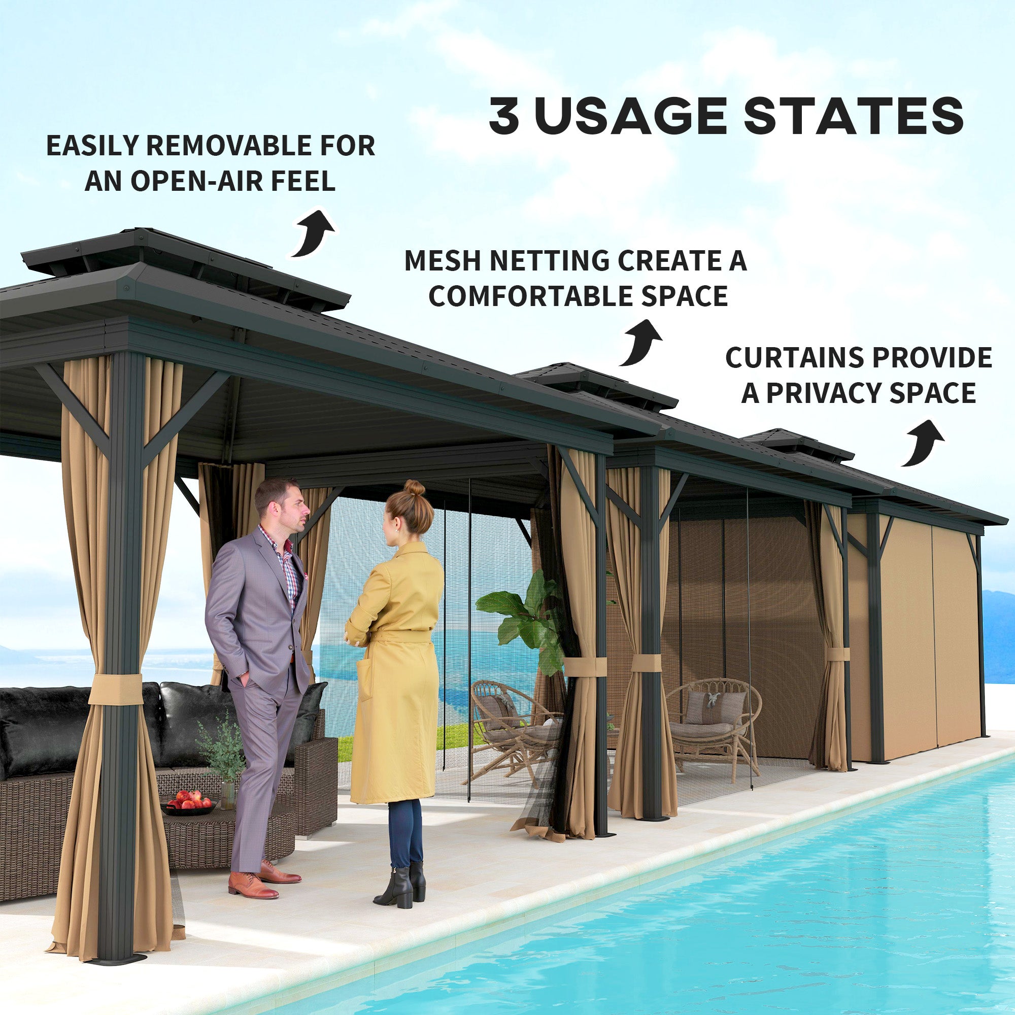 Versatile uses of the Outsunny 10' x 12' Hardtop Patio Gazebo demonstrated with options for open-air, mesh netting for comfort, and curtains for privacy.