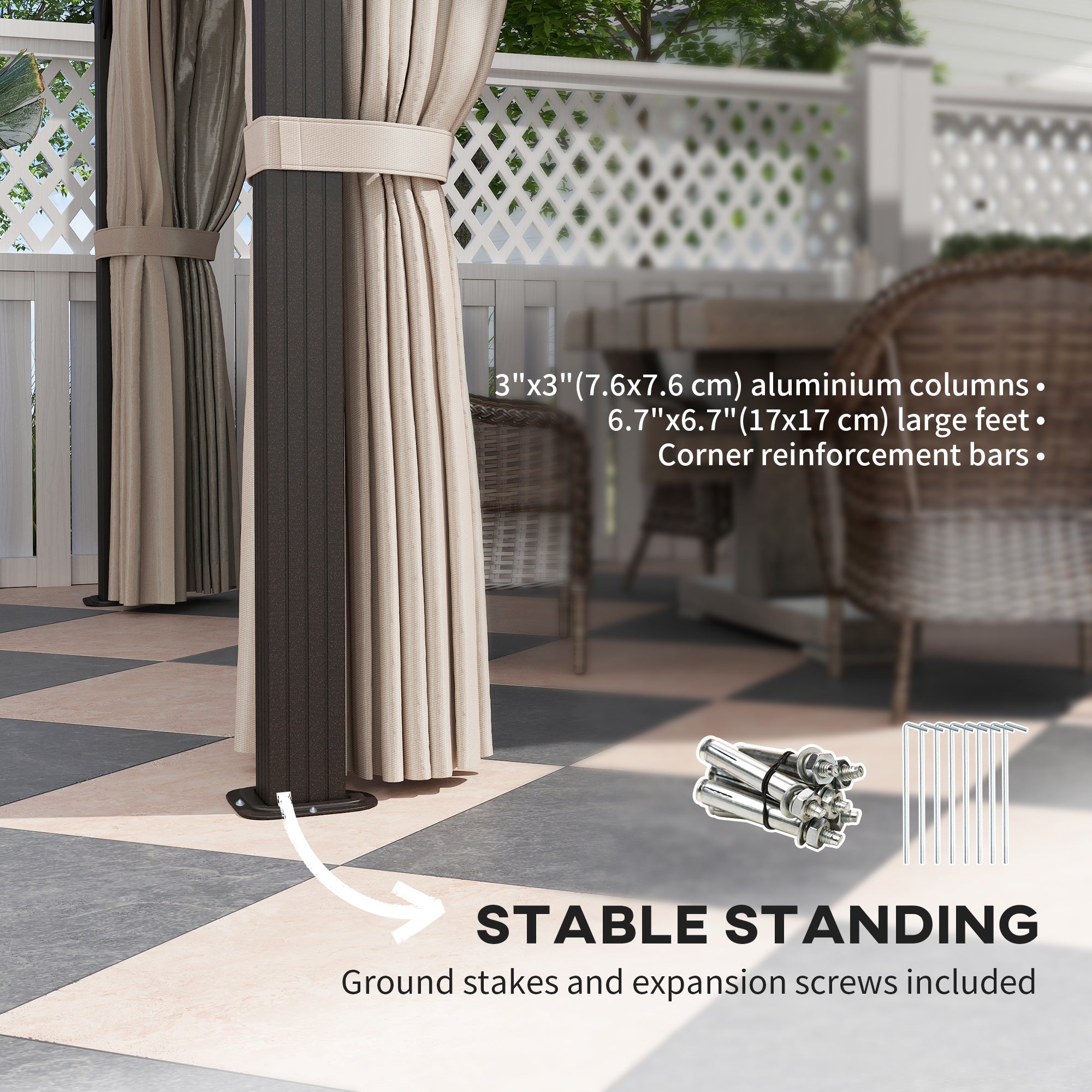 Stable standing of the Outsunny 10' x 13' Hardtop Gazebo Canopy with sturdy aluminum columns, large feet, and corner reinforcement bars.