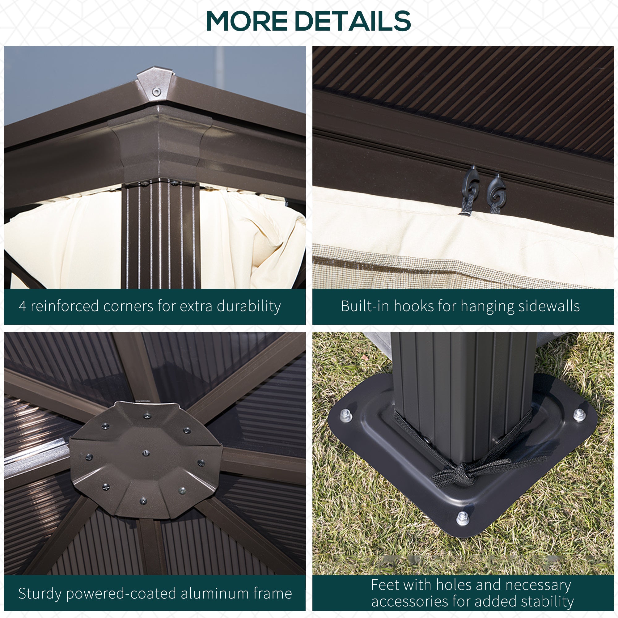 Close-up of the sturdy construction of the Outsunny 10X10 Ft Hard Top Gazebo Canopy, highlighting its reinforced corners, hooks for sidewalls, and stable aluminum frame.