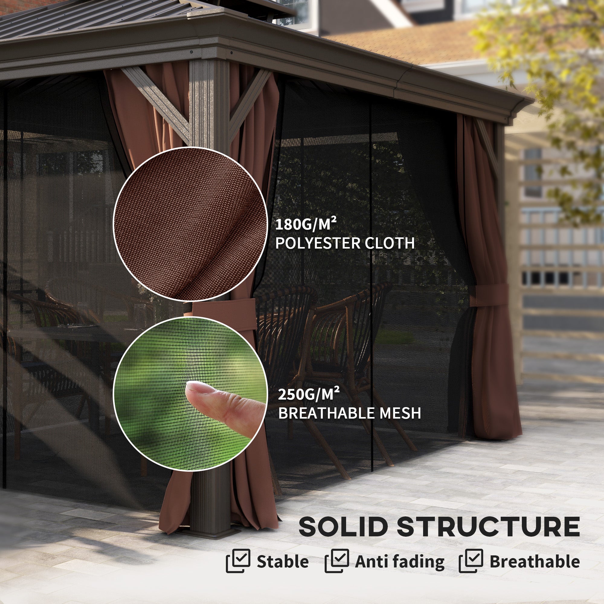 Close-up of the Outsunny 10' x 12' Double-Tier Hardtop Gazebo showcasing solid construction with 180G/M² polyester cloth curtains and 250G/M² breathable mesh netting for enhanced comfort.