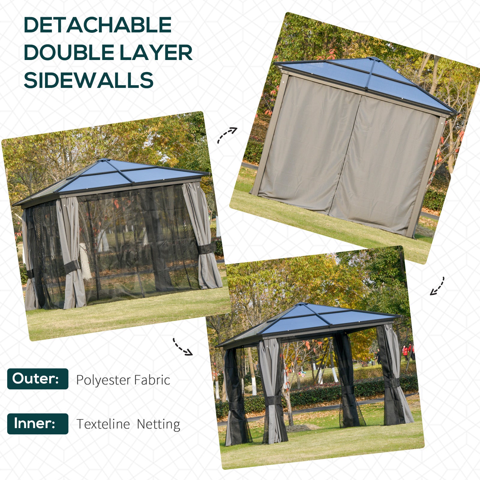 Detachable double layer sidewalls of the Outsunny 10' X 10' Heavy Duty Aluminum Hardtop Gazebo, showcasing the polyester fabric and texteline netting for added versatility.