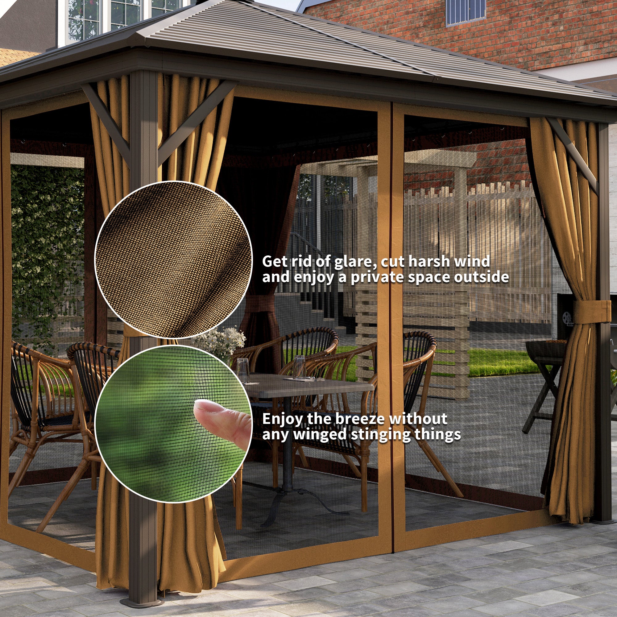 Outsunny 10' x 10' Hardtop Aluminum Gazebo showcasing mosquito netting and curtains to reduce glare and provide privacy, perfect for outdoor relaxation.
