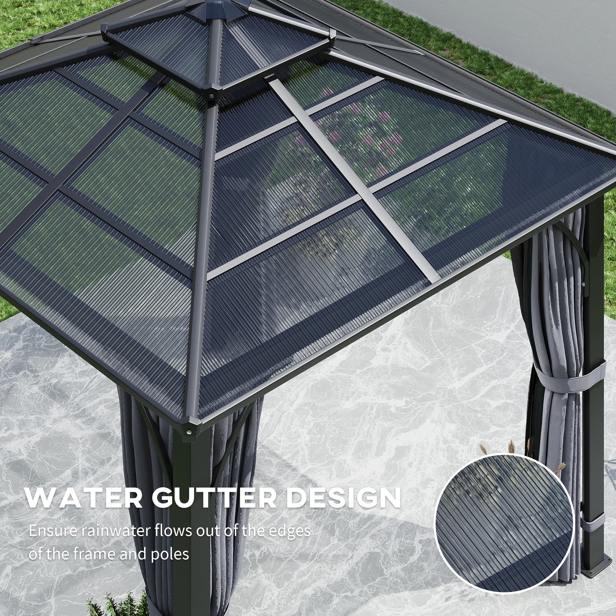 Outsunny 10' x 10' Hardtop Gazebo showcasing its innovative water gutter design, ensuring rainwater flows away from the structure, perfect for outdoor gatherings.
