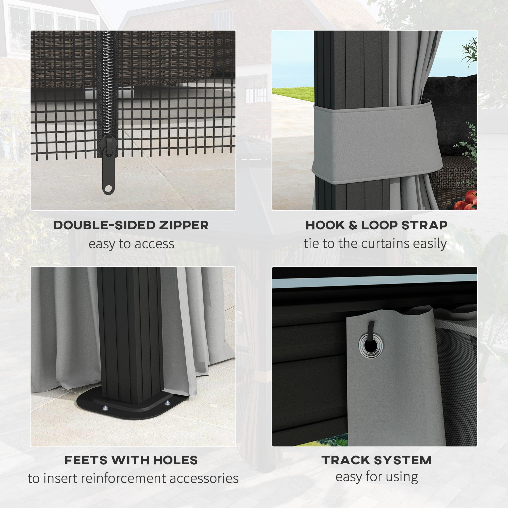 Close-up of Outsunny 10' x 12' Hardtop Gazebo features including double-sided zipper and track system for easy access and functionality.