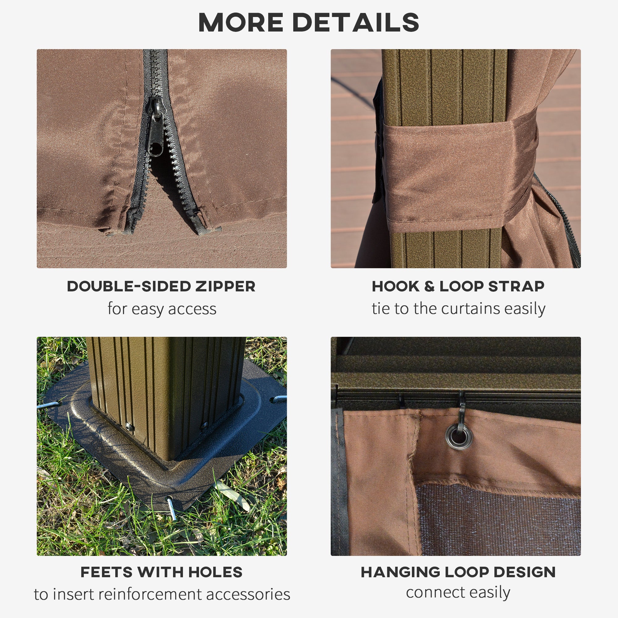 Detail features of the Outsunny 10' x 12' Hardtop Patio Gazebo, highlighting the double-sided zipper, hook and loop strap for curtains, feet with holes for reinforcements, and easy hanging loop design.