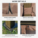 Detail features of the Outsunny 10' x 12' Hardtop Patio Gazebo, highlighting the double-sided zipper, hook and loop strap for curtains, feet with holes for reinforcements, and easy hanging loop design.