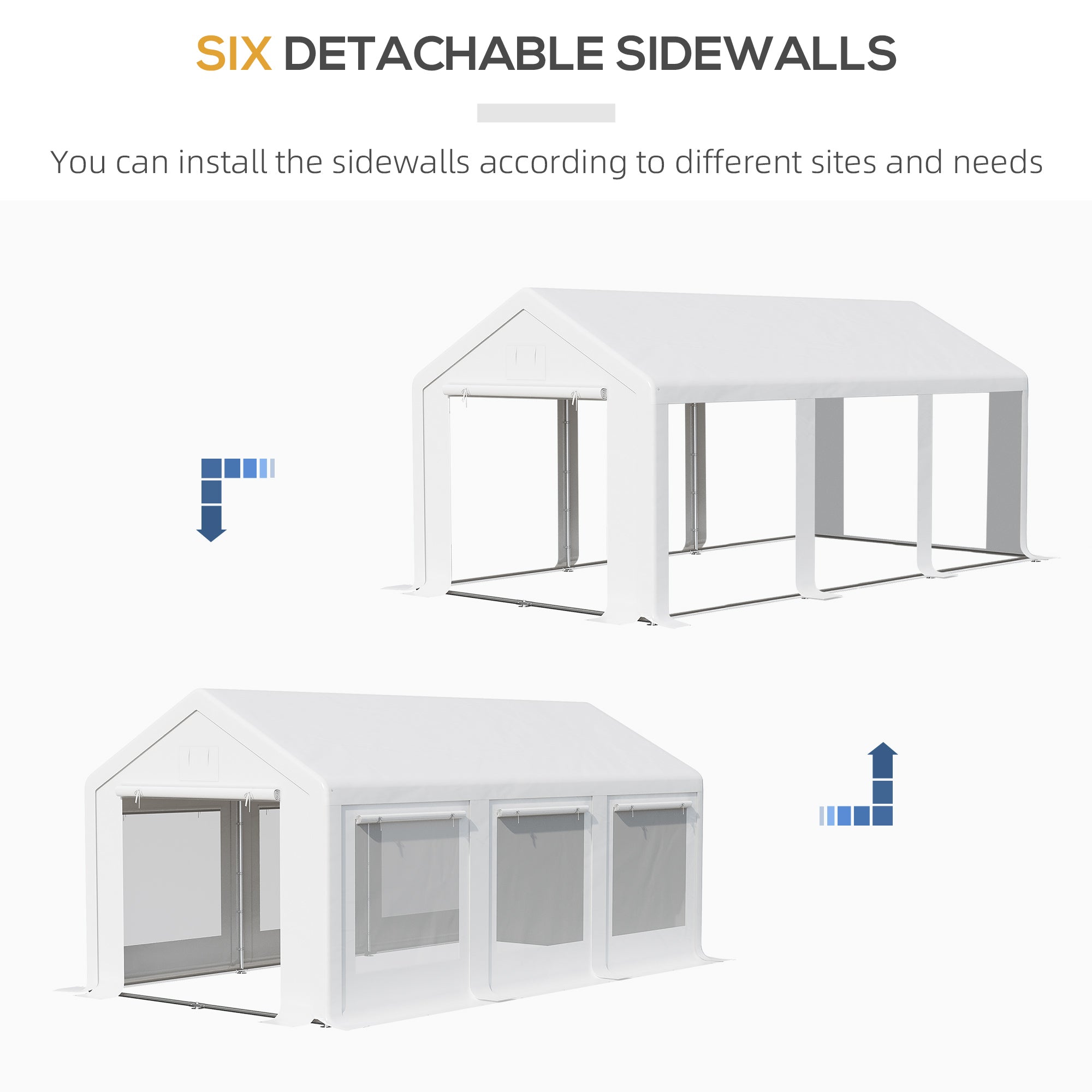 Versatile setup options of the Outsunny 20' x 10' Outdoor Party Tent Canopy with six detachable sidewalls to suit different outdoor needs.