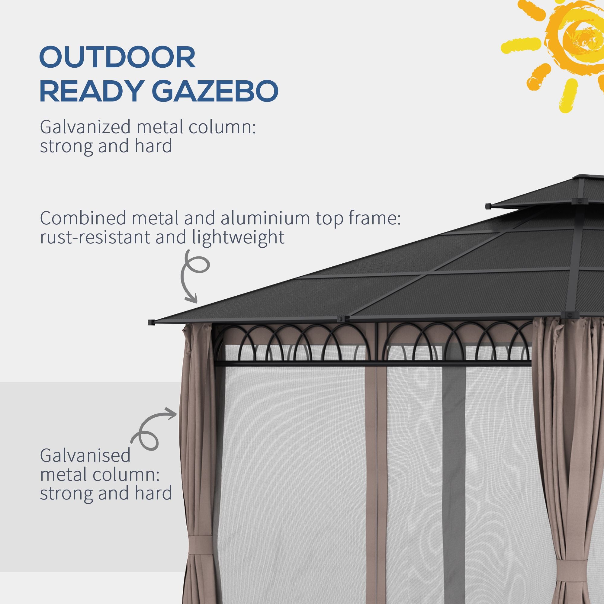 Detailed view of the Outsunny 12' x 10' Double Roof Hardtop Gazebo, highlighting the galvanized metal column and combined metal and aluminum top frame for rust resistance and strength.
