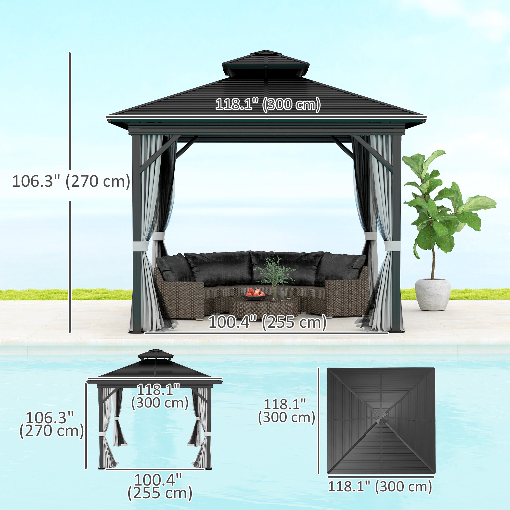 Outsunny 10' x 10' Hardtop Patio Gazebo dimensions illustration showing a comfortable seating area and protective canopy.