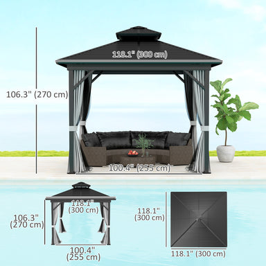 Outsunny 10' x 10' Hardtop Patio Gazebo dimensions illustration showing a comfortable seating area and protective canopy.
