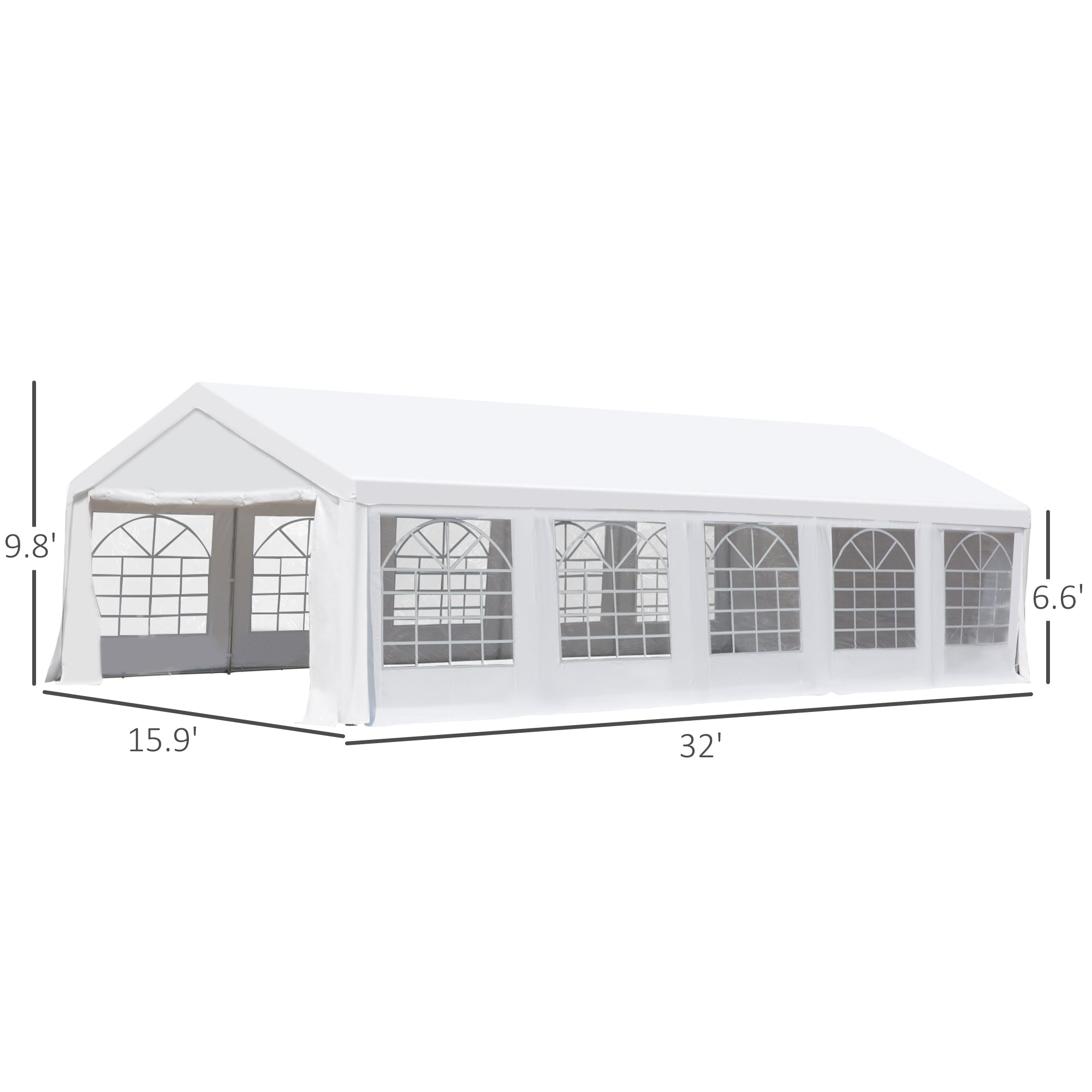 Dimensions of the Outsunny 32'x16' Heavy Duty Steel Outdoor Wedding Canopy Tent by Dream Yard Oasis™, highlighting height and width for event planning.
