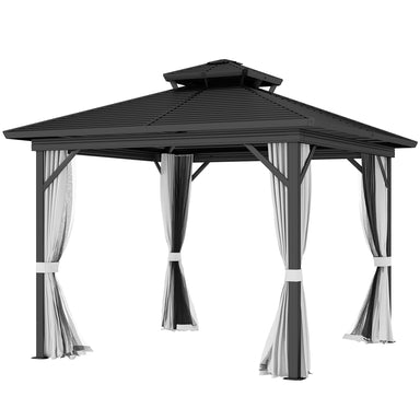 Outsunny 10' x 10' Hardtop Patio Gazebo featuring a durable galvanized steel roof and mosquito netting, designed for stylish outdoor living.