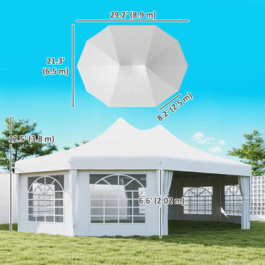 High Peak Decagonal Party Tent by Dream Yard Oasis™ measuring 29.2x21.3Ft, showcasing detailed dimensions and unique decagonal shape for stylish event setup.