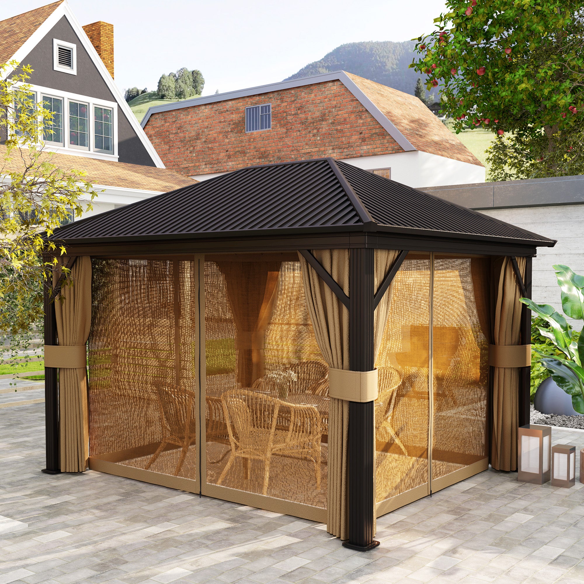 Outsunny 10' x 12' Hardtop Gazebo with Aluminum Frame, Steel Roof & Mesh Netting by Dream Yard Oasis, showcasing the gazebo with mesh netting for insect protection and stylish curtains.