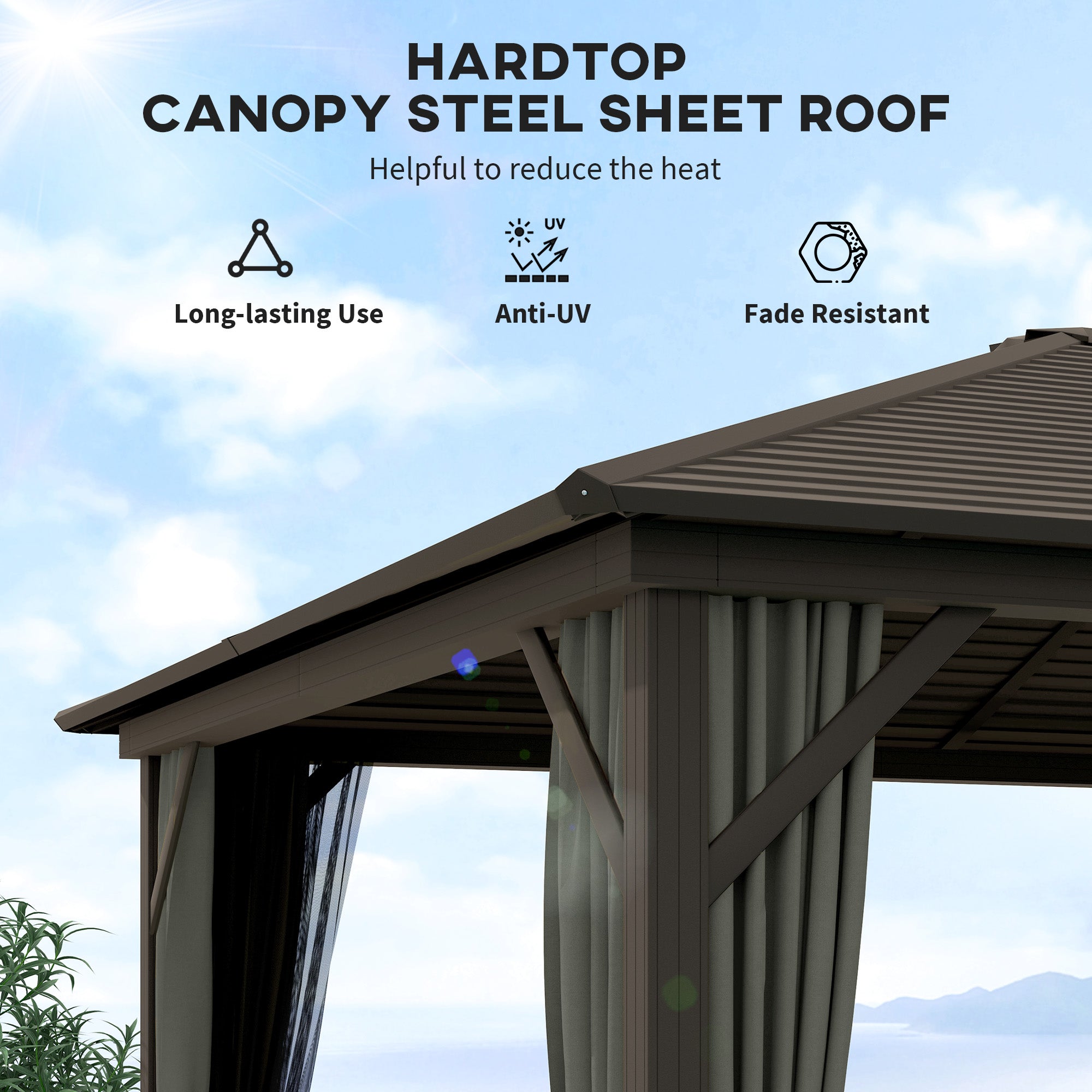 Outsunny 10' x 12' Hardtop Gazebo showcasing the durable steel sheet roof designed to reduce heat, featuring symbols indicating long-lasting use, anti-UV protection, and fade resistance.