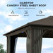 Outsunny 10' x 12' Hardtop Gazebo showcasing the durable steel sheet roof designed to reduce heat, featuring symbols indicating long-lasting use, anti-UV protection, and fade resistance.