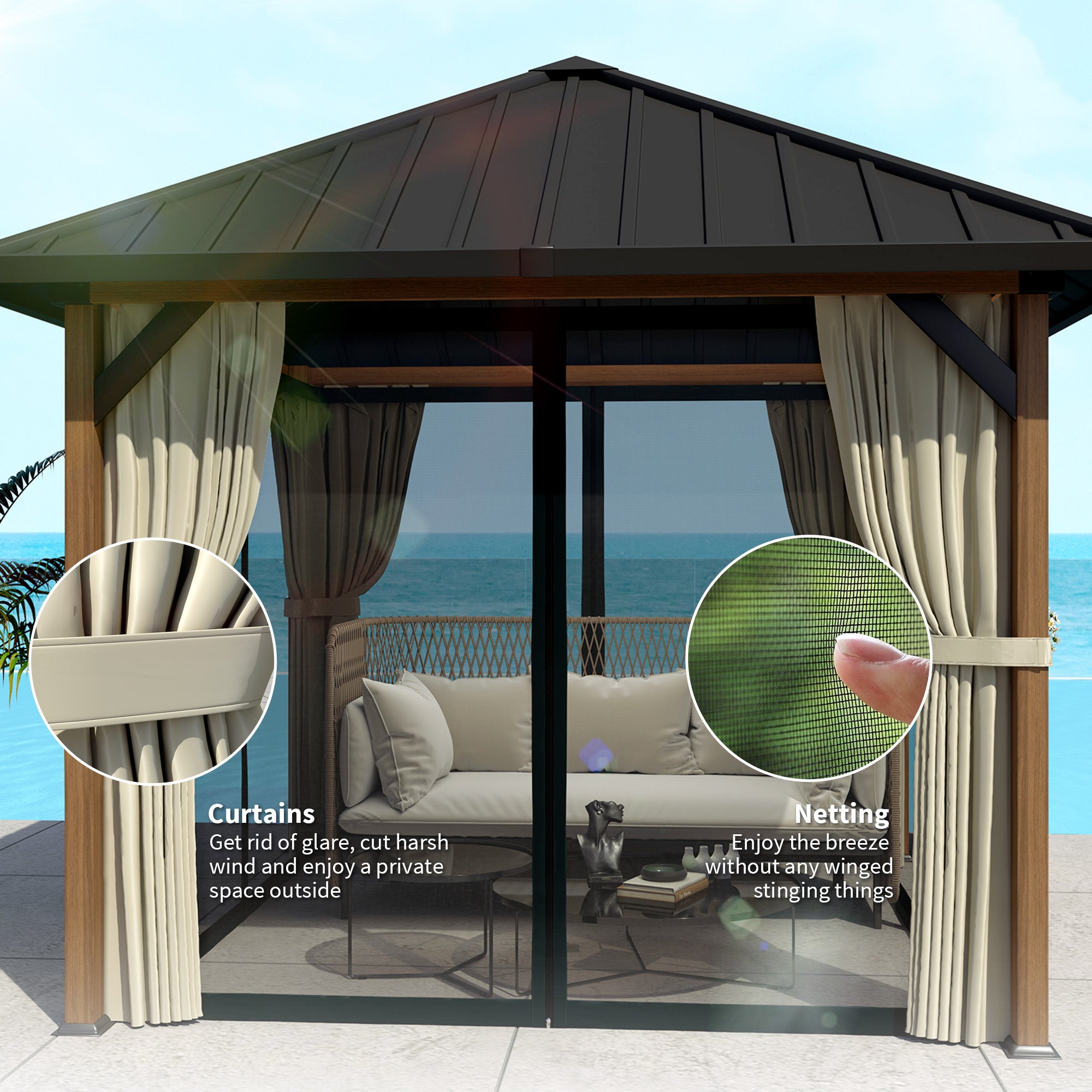 Outsunny 10' x 10' Waterproof Hardtop Metal Gazebo featuring elegant curtains and protective netting, perfect for outdoor privacy and comfort. Ideal for creating a cozy space for gatherings and relaxation.
