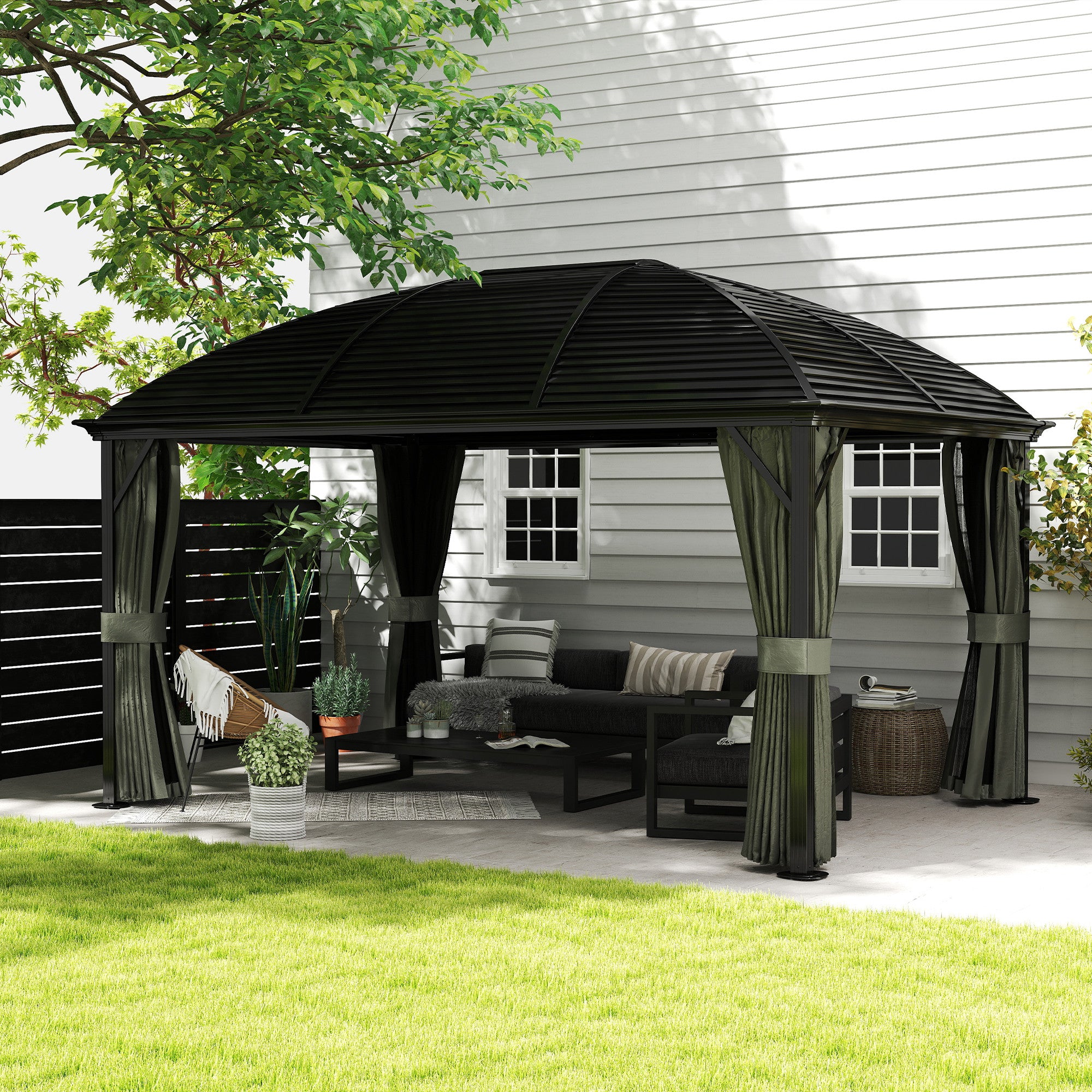 Outsunny 10' x 13' Aluminum Hardtop Gazebo nestled in a backyard, featuring curtains and ample seating, perfect for relaxation and gatherings.