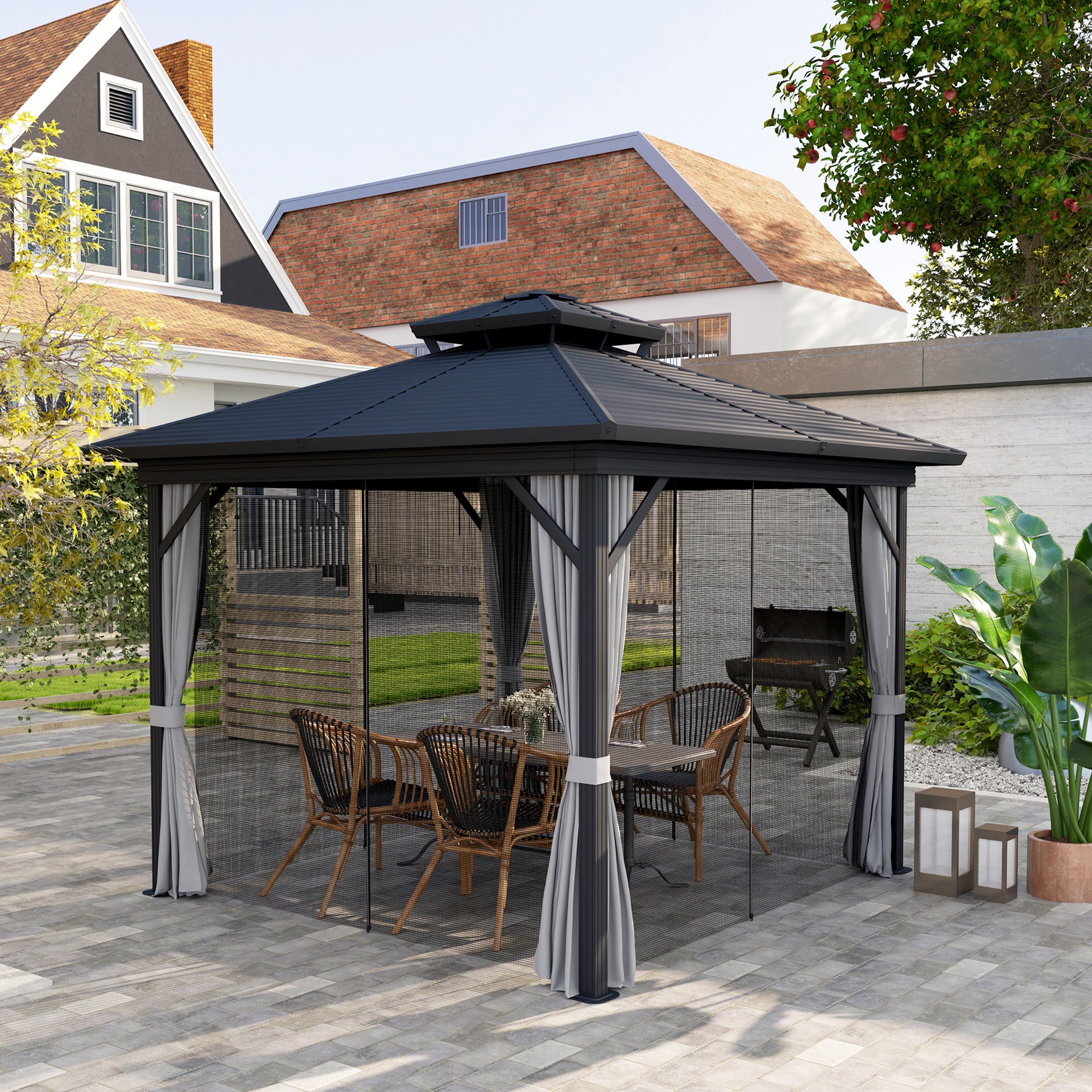 The Outsunny 10' x 10' Hardtop Patio Gazebo set up in a backyard, featuring a spacious seating area with curtains for added privacy.