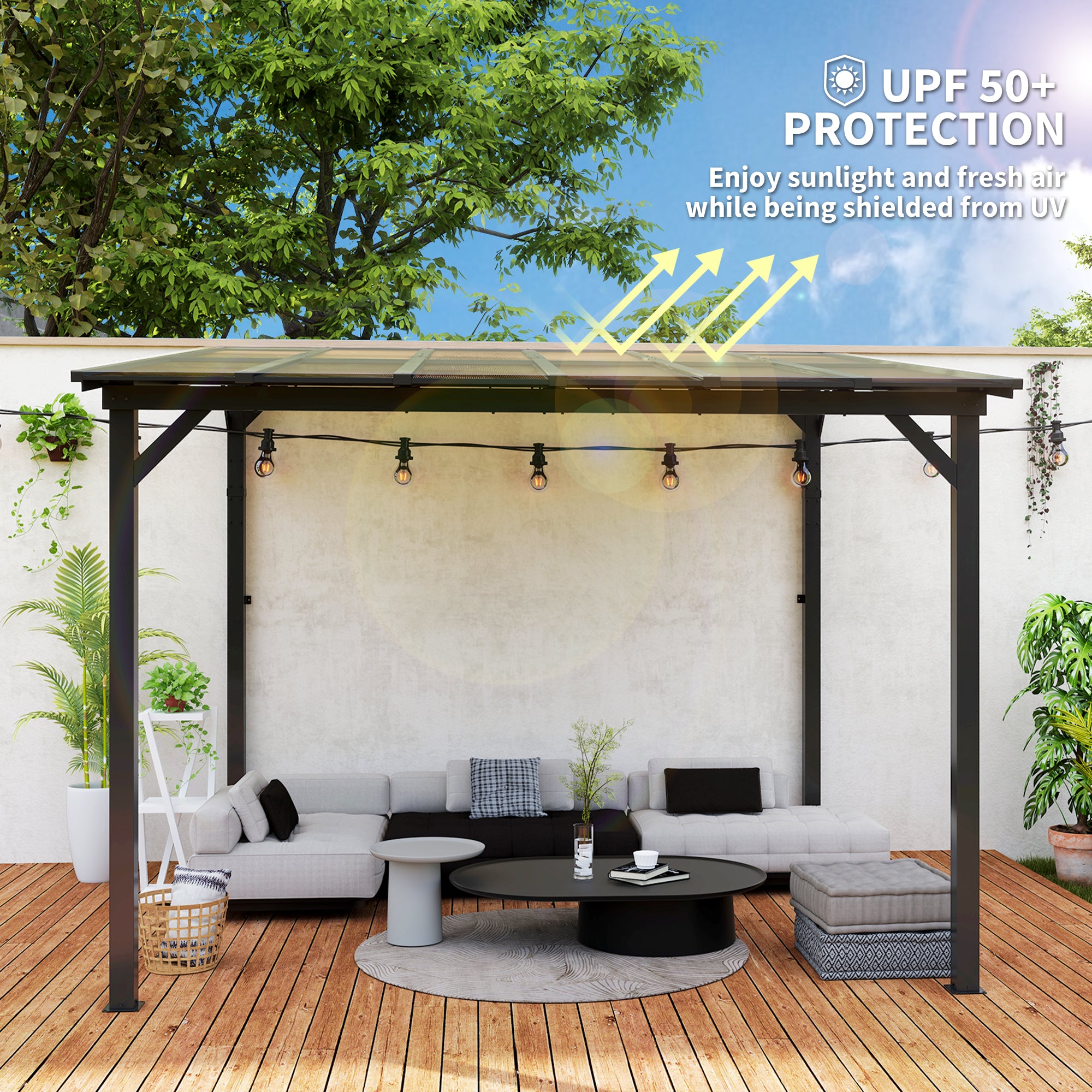 Enjoy the Outsunny 10' x 10' Waterproof Hardtop Gazebo featuring UPF 50+ protection, perfect for lounging in style under beautiful natural light.