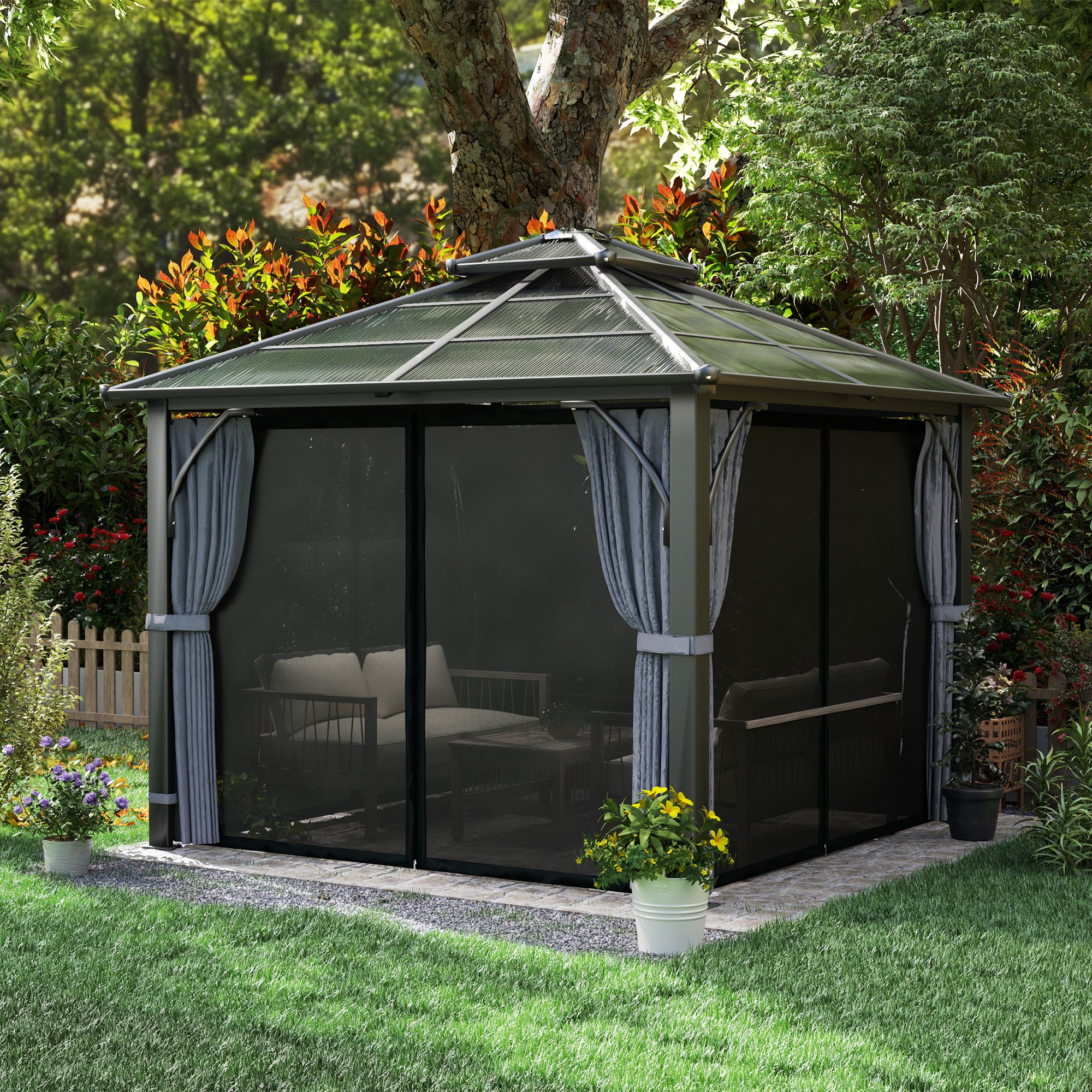 Outsunny 10' x 10' Hardtop Gazebo in a garden setting with curtains drawn back, featuring stylish seating and vibrant plants for cozy outdoor relaxation.