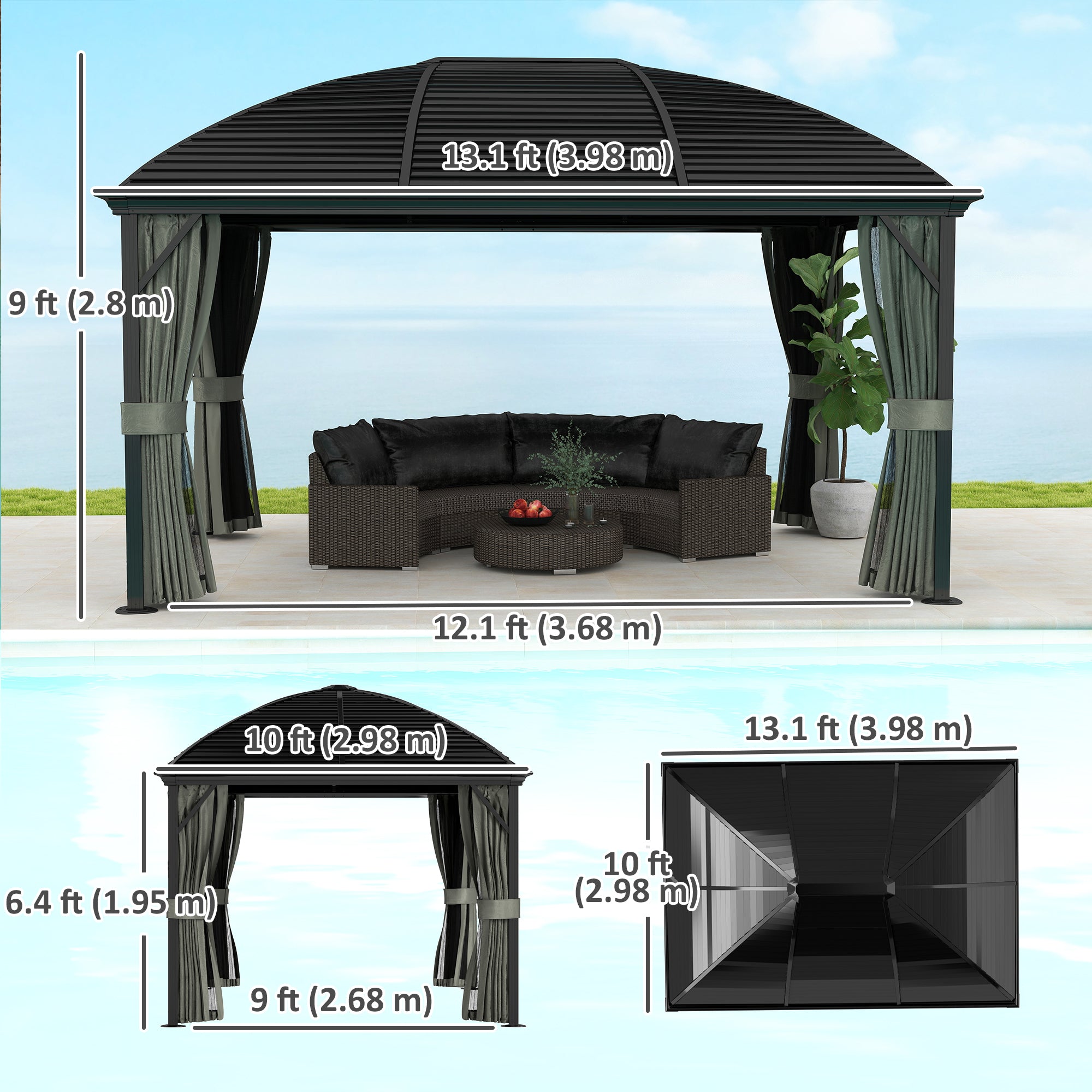 Dimensions and interior view of Outsunny 10' x 13' Aluminum Hardtop Gazebo, highlighting space for outdoor seating and elegant dark gray finish.