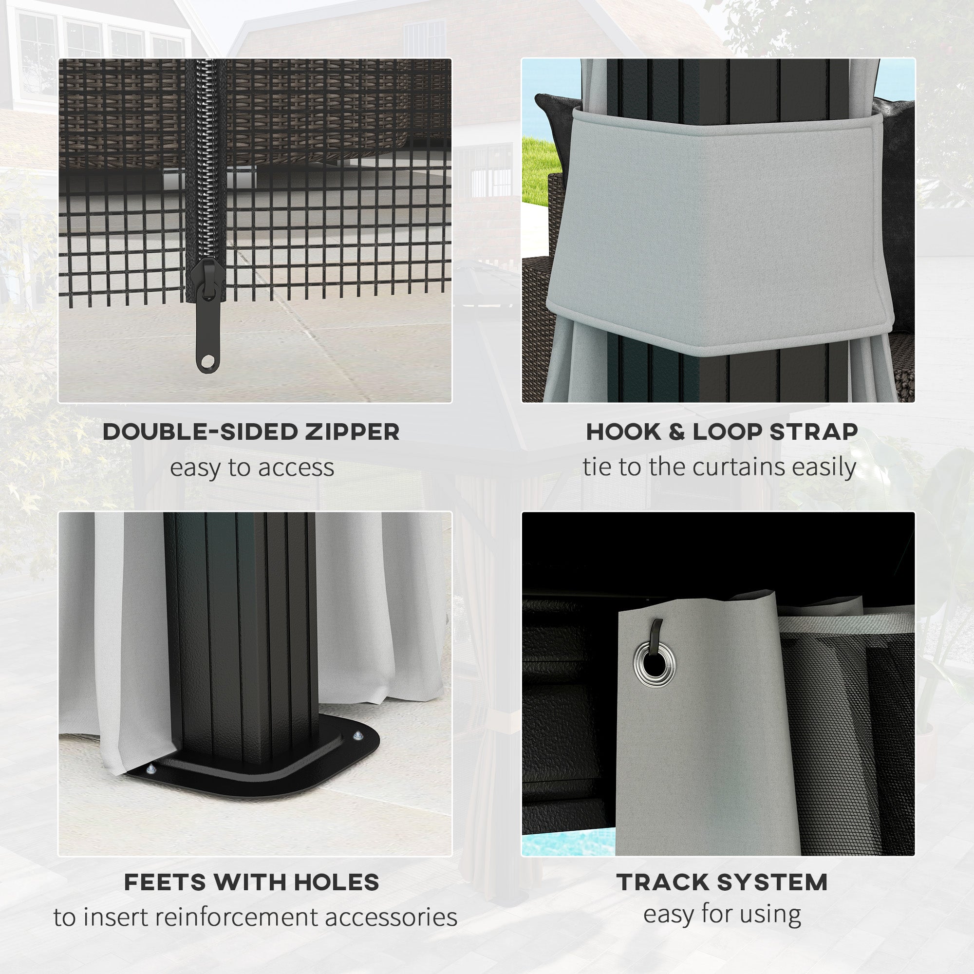 Features of the Outsunny 10' x 10' Hardtop Patio Gazebo displaying its double-sided zipper, hook and loop strap, and easy track system for curtains.