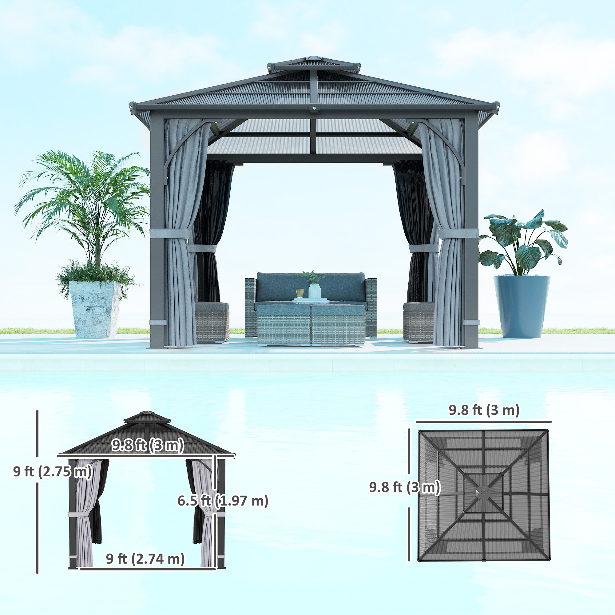 Outsunny 10' x 10' Hardtop Gazebo with dimensions displayed, featuring elegant curtains and set near a serene poolside environment.
