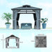 Outsunny 10' x 10' Hardtop Gazebo with dimensions displayed, featuring elegant curtains and set near a serene poolside environment.