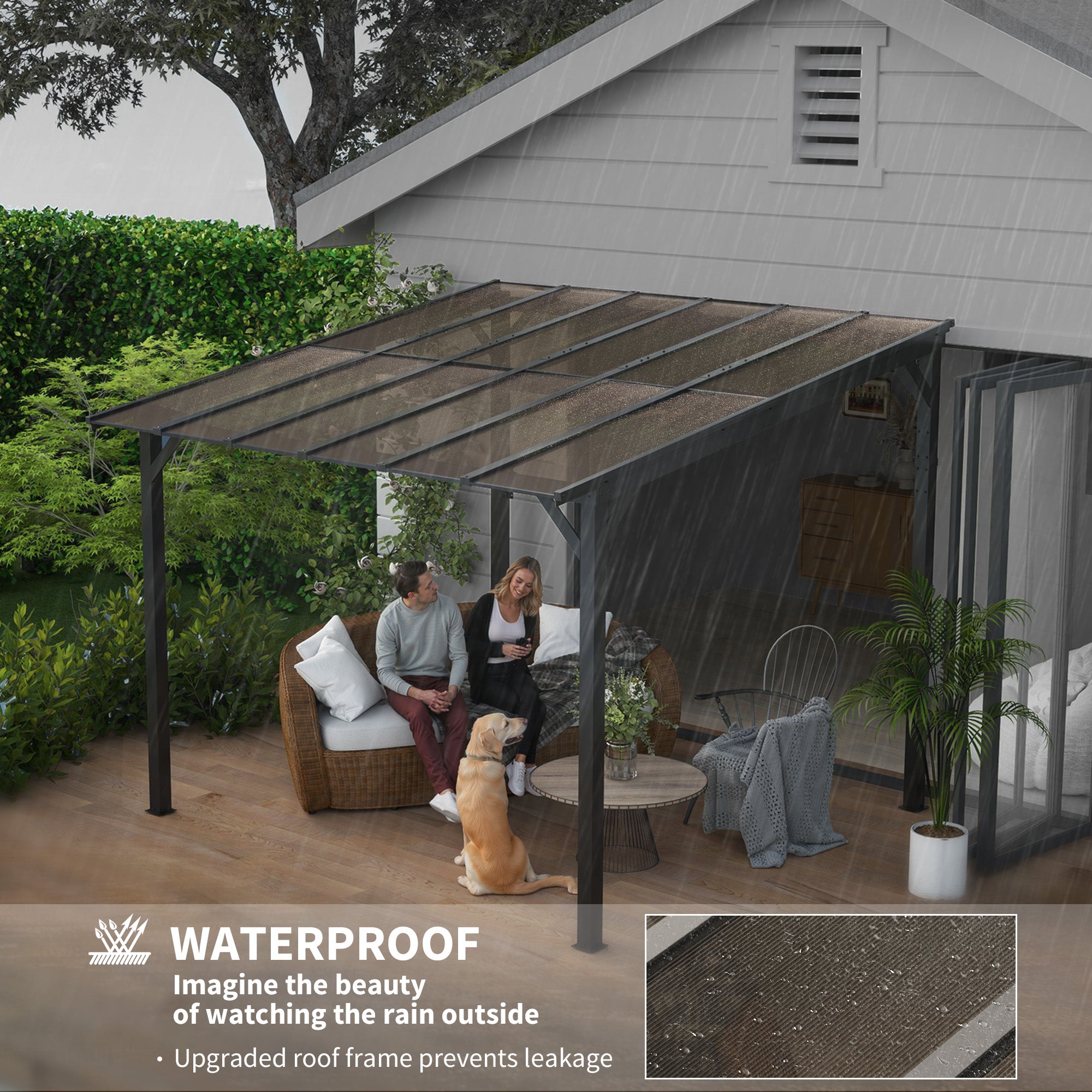 Experience the waterproof features of the Outsunny 10' x 10' Waterproof Hardtop Gazebo, designed for cozy moments even during rain.
