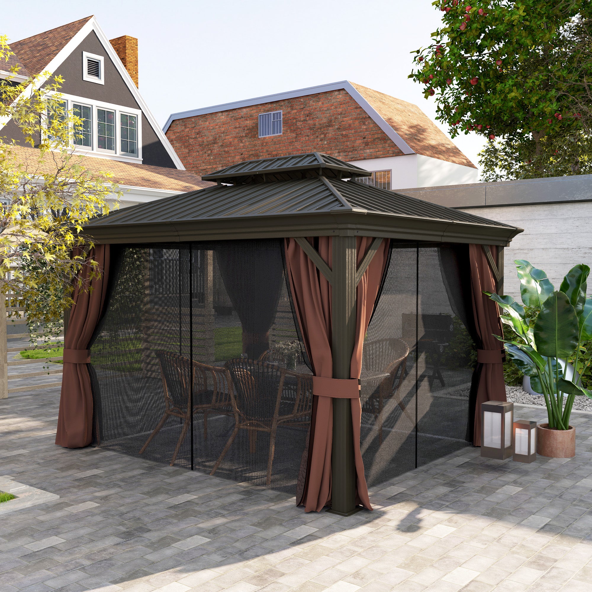 Full view of the Outsunny 10' x 12' Double-Tier Hardtop Gazebo in an outdoor setting, featuring brown curtains and netting, perfect for family gatherings.