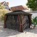 Full view of the Outsunny 10' x 12' Double-Tier Hardtop Gazebo in an outdoor setting, featuring brown curtains and netting, perfect for family gatherings.