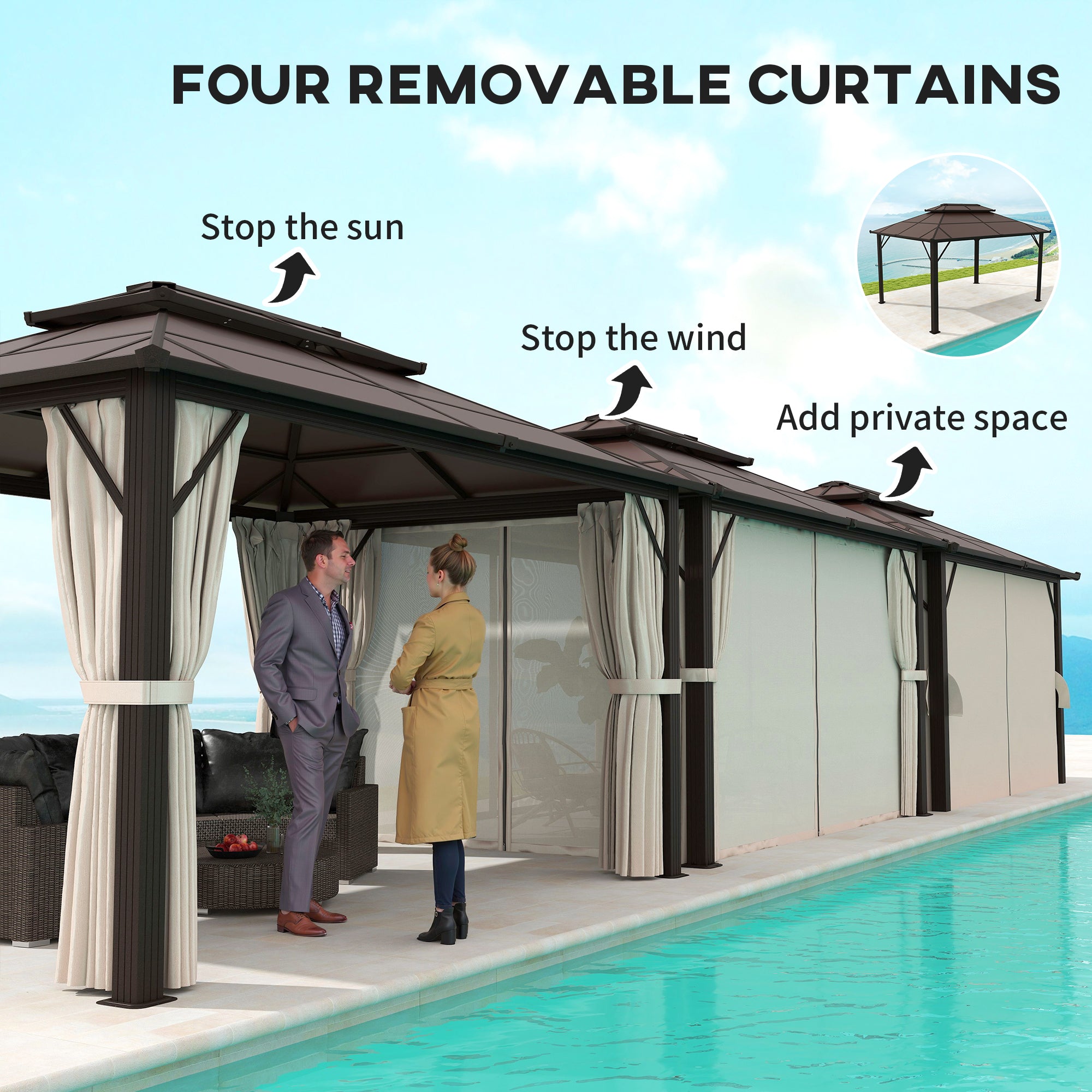 Outsunny 10' x 13' Hardtop Gazebo Canopy featuring four removable curtains for sun and wind protection, providing a cozy outdoor space.